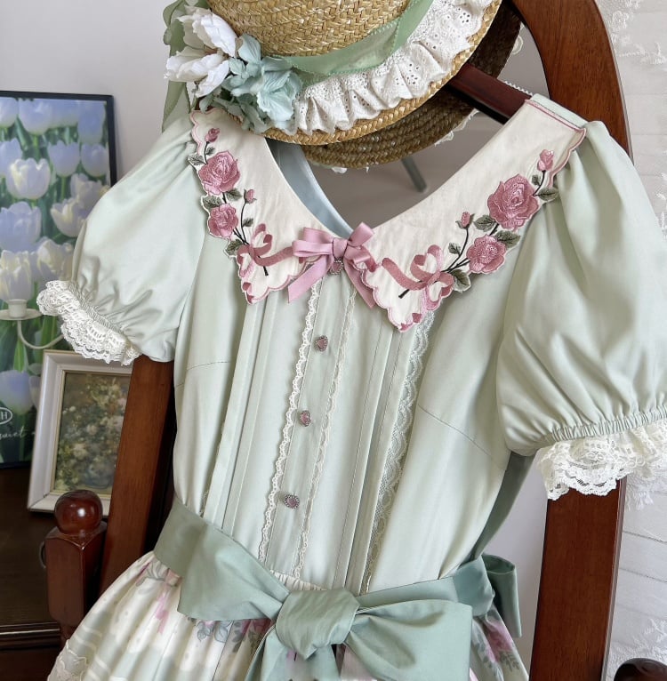 Rose Embroidery Collar Green and Pink Floral Dress One Piece