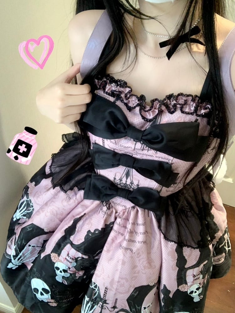 Skull and Coffin Print Boned Basque Waist Jumper Skirt Pink and Black