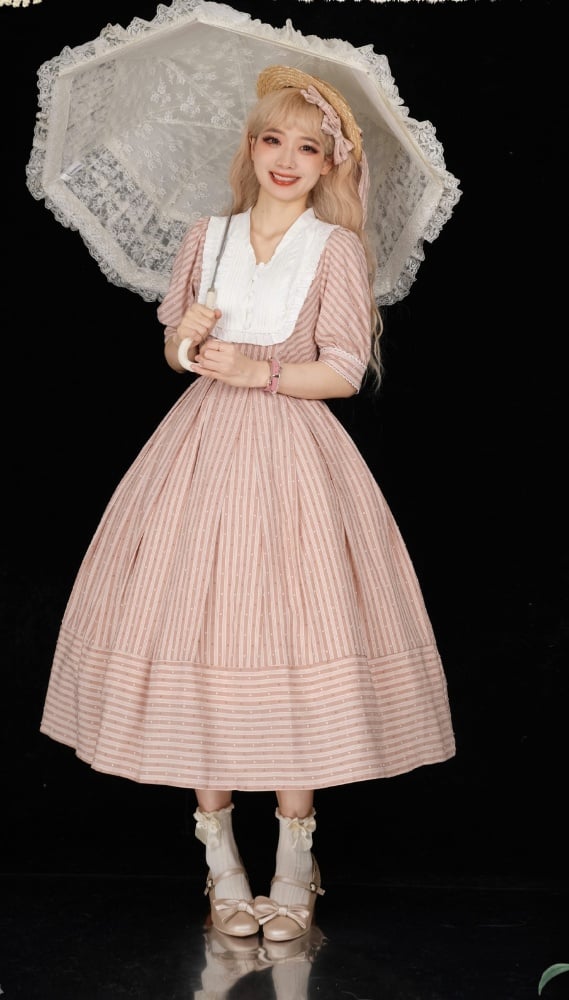 Three Colors Banded Collar Striped Pattern Short Sleeves One Piece