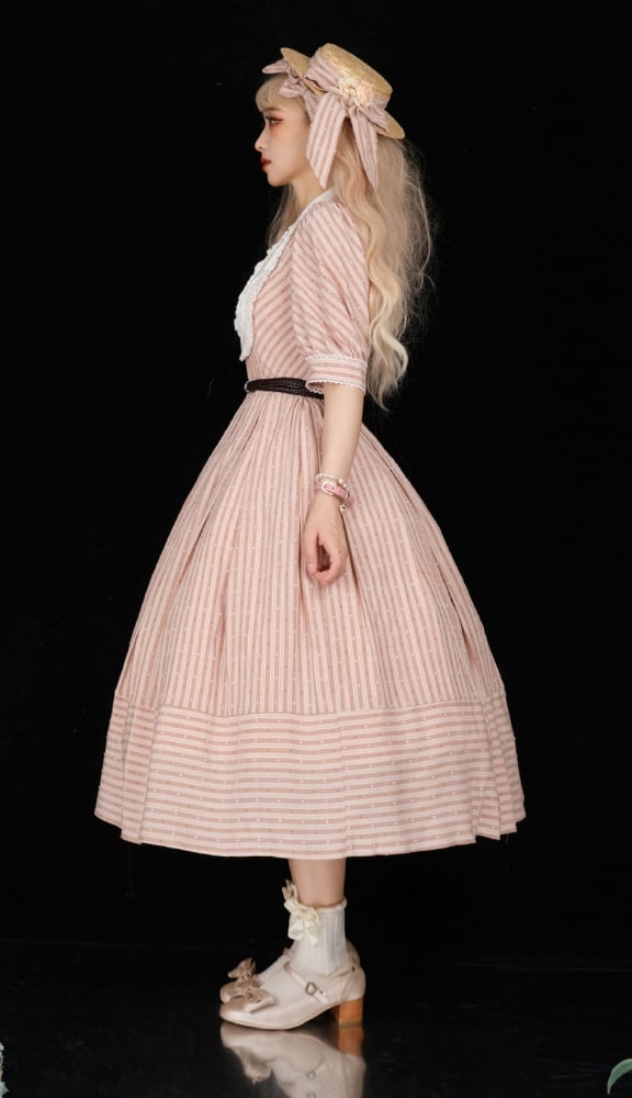 Three Colors Banded Collar Striped Pattern Short Sleeves One Piece