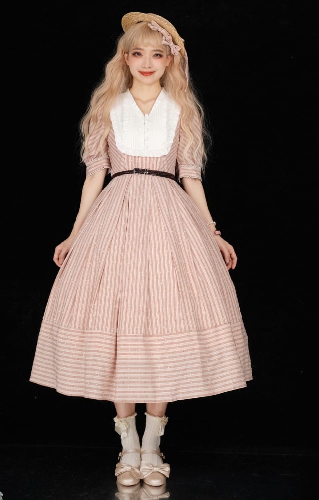 Three Colors Banded Collar Striped Pattern Short Sleeves One Piece