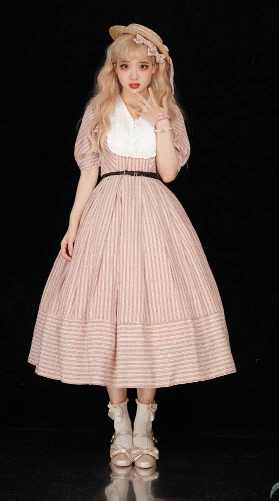 Three Colors Banded Collar Striped Pattern Short Sleeves One Piece