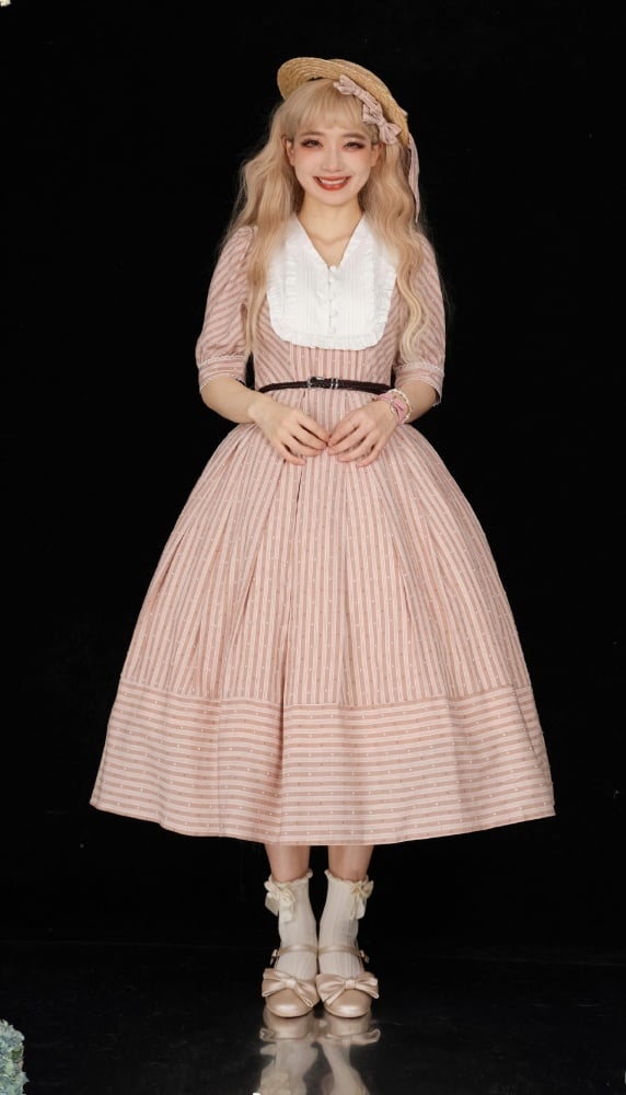 Three Colors Banded Collar Striped Pattern Short Sleeves One Piece