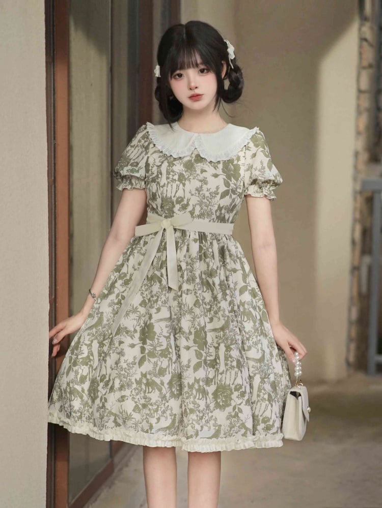 Summer Green Forest Print Beige Peter Pan Collar One Piece