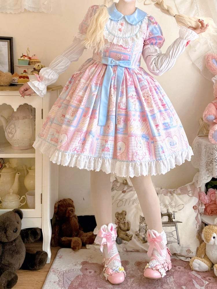 Pink Sweet Teddy and Bunny Print Peter Pan Collar One Piece