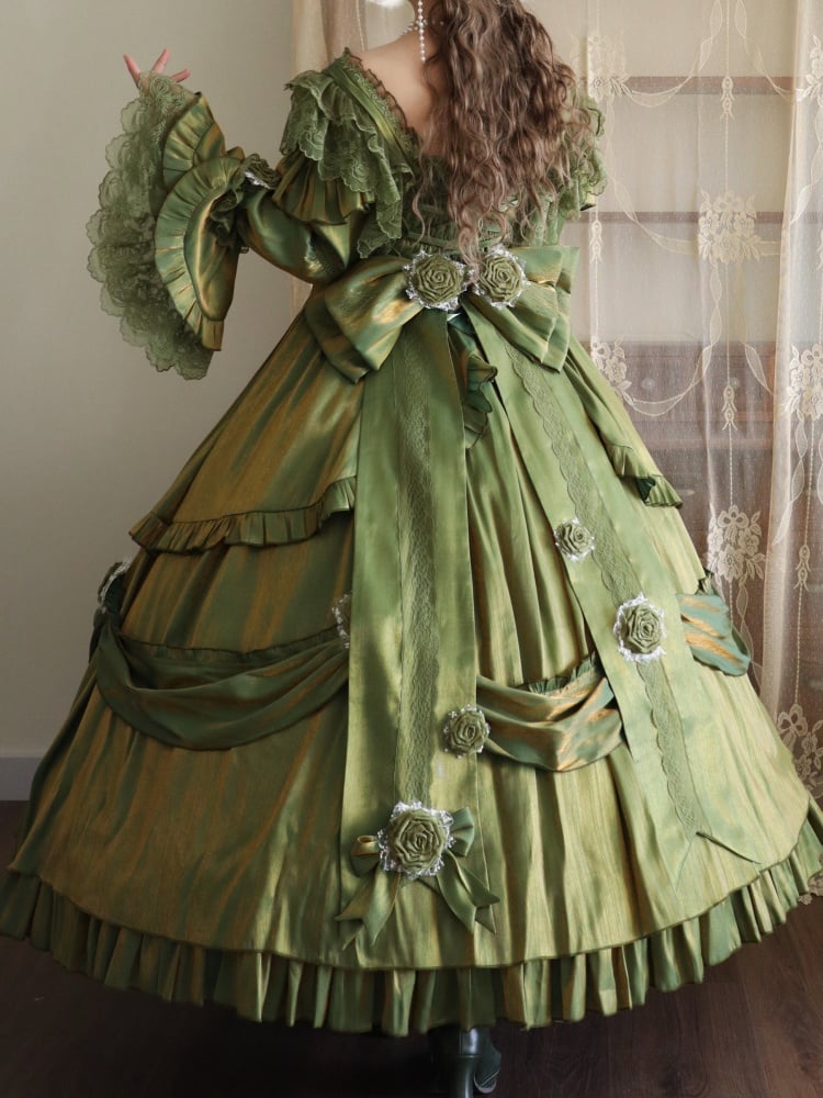 Oil Painting Green Classic Vintage Dress Roses and Bead Chain Princess One Piece - Sukuroi