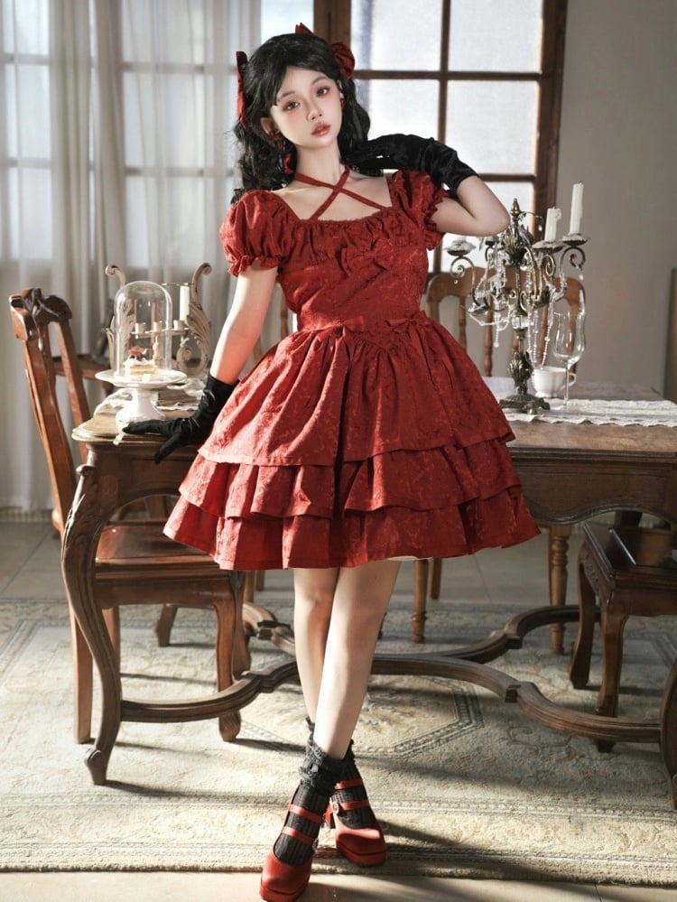 Red Basque Waist Party Dress Tiered Ruffle Hemline One Piece