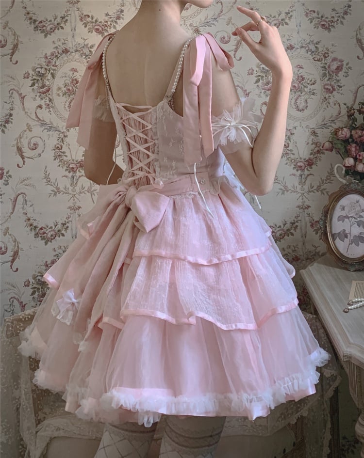 Clearance-Size L for Bust 90-100cm Pink Tiered Hem Jumper Skirt + Size M for Waist 70-100cm Petticoat Set