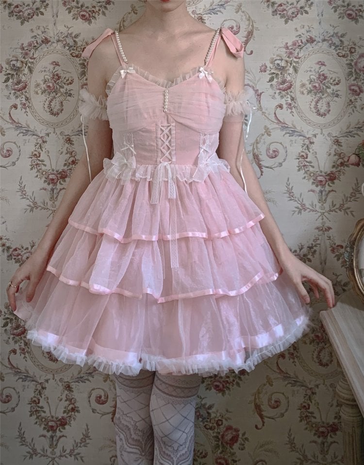 Clearance-Size L for Bust 90-100cm Pink Tiered Hem Jumper Skirt + Size M for Waist 70-100cm Petticoat Set
