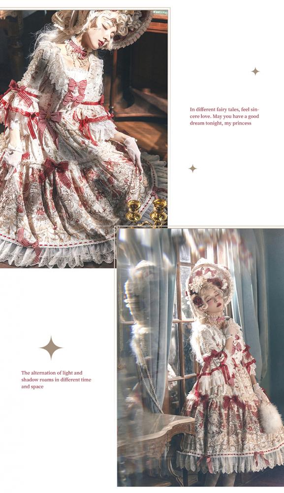 Ivory Fairy Tales Print Bowknot Details Lace Trim Long Sleeves One Piece