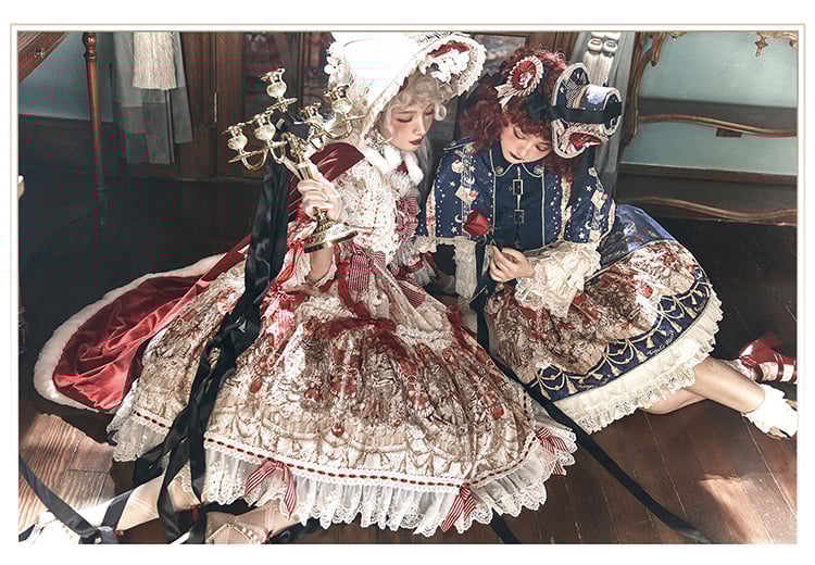 Dark Blue Fairy Tales Print Bowknot Details Lace Trim Long Sleeves One Piece