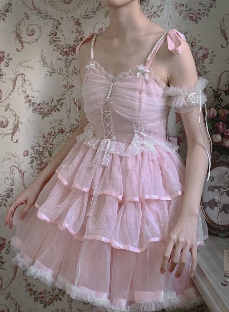 Clearance-Size L for Bust 90-100cm Pink Tiered Hem Jumper Skirt + Size M for Waist 70-100cm Petticoat Set