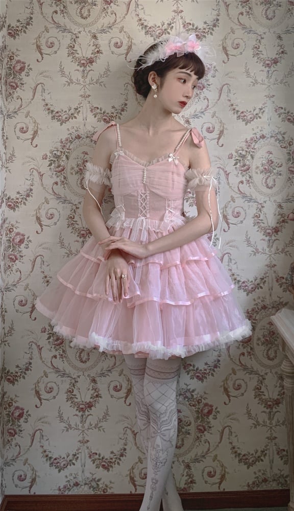 Clearance-Size L for Bust 90-100cm Pink Tiered Hem Jumper Skirt + Size M for Waist 70-100cm Petticoat Set