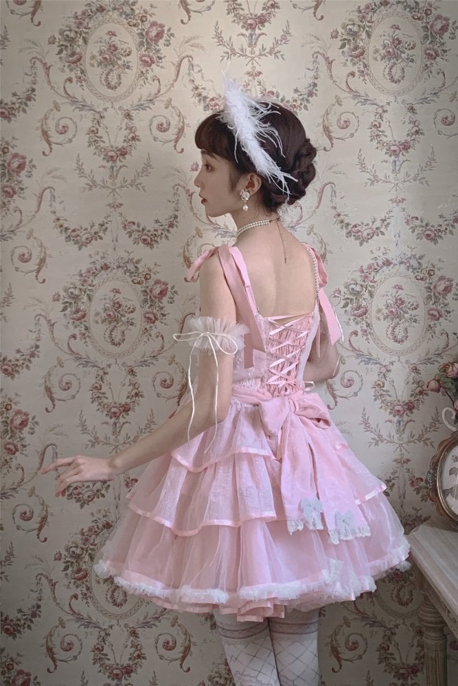 Clearance-Size L for Bust 90-100cm Pink Tiered Hem Jumper Skirt + Size M for Waist 70-100cm Petticoat Set