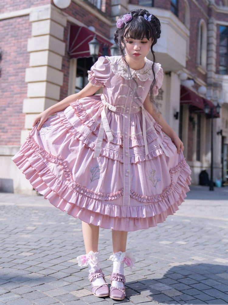 Pink Iris Embroidery Peter Pan Collar Ruffle Hem One Piece - Sukuroi