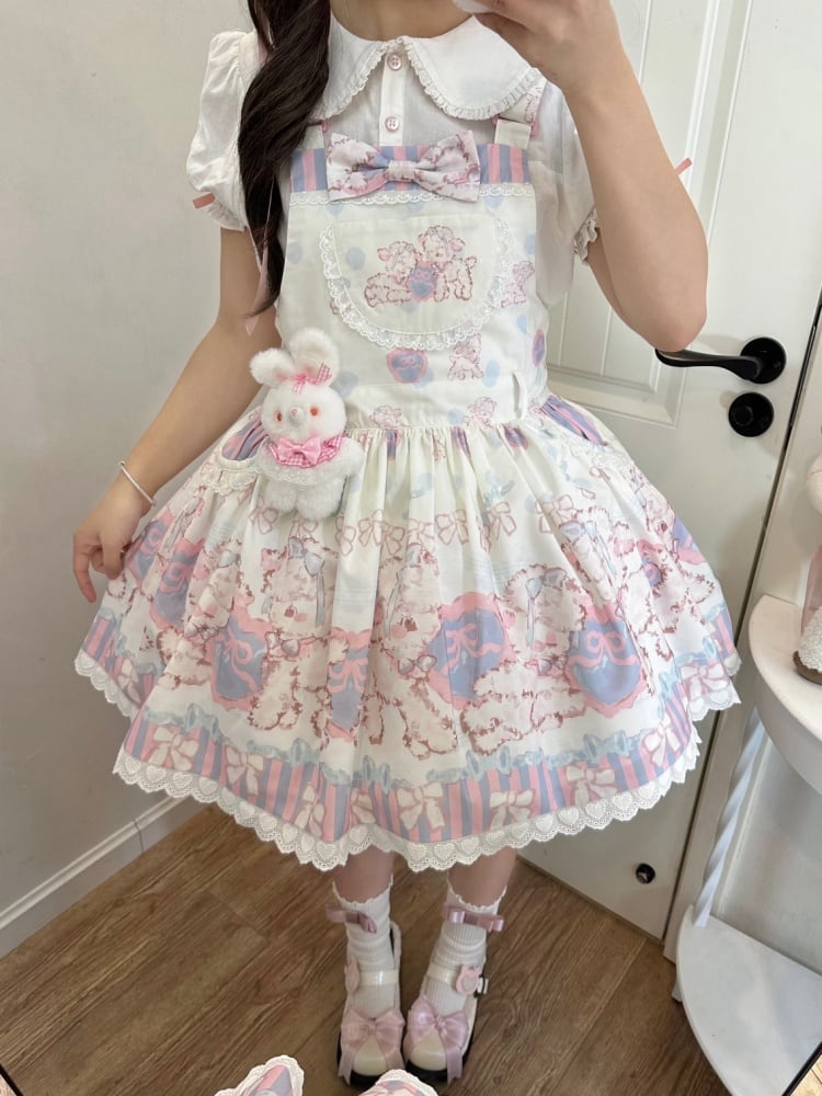 Sweet Lamb and Bowknot Print Pink and Purple Stripes Overalls