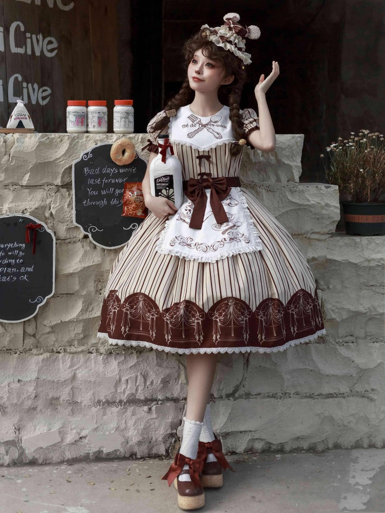 Stripe Pattern Tea Cup Print Apron One Piece Apricot and Coffee