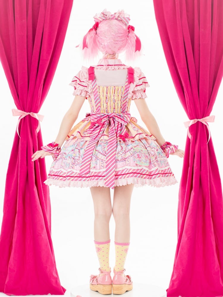 Sweet Yellow Carousel Embroidery Neckline Striped Pattern Jumper Skirt