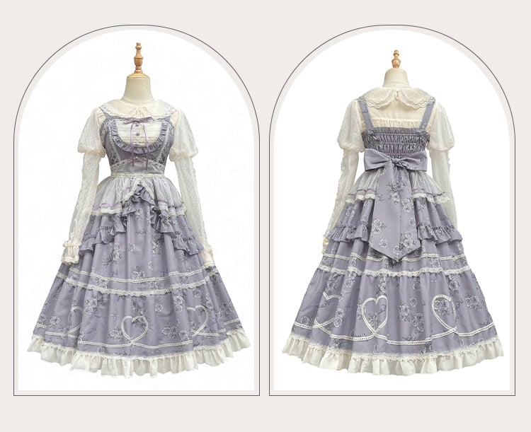 Purple Elegant Floral Dress Rosette Print Jumper Skirt - Sukuroi