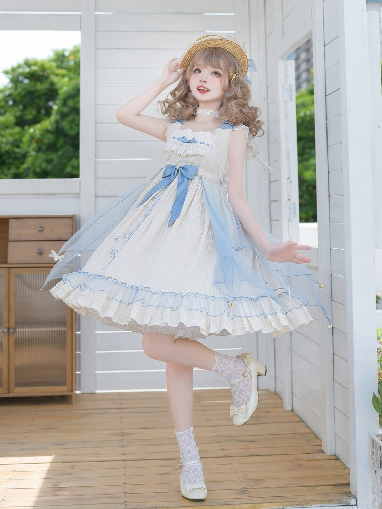 Hebe's Tears Beige and Blue Short/Long Version Square Neckline Jumper Skirt Set