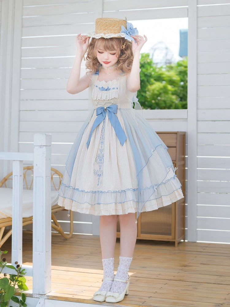 Hebe's Tears Beige and Blue Short/Long Version Square Neckline Jumper Skirt Set