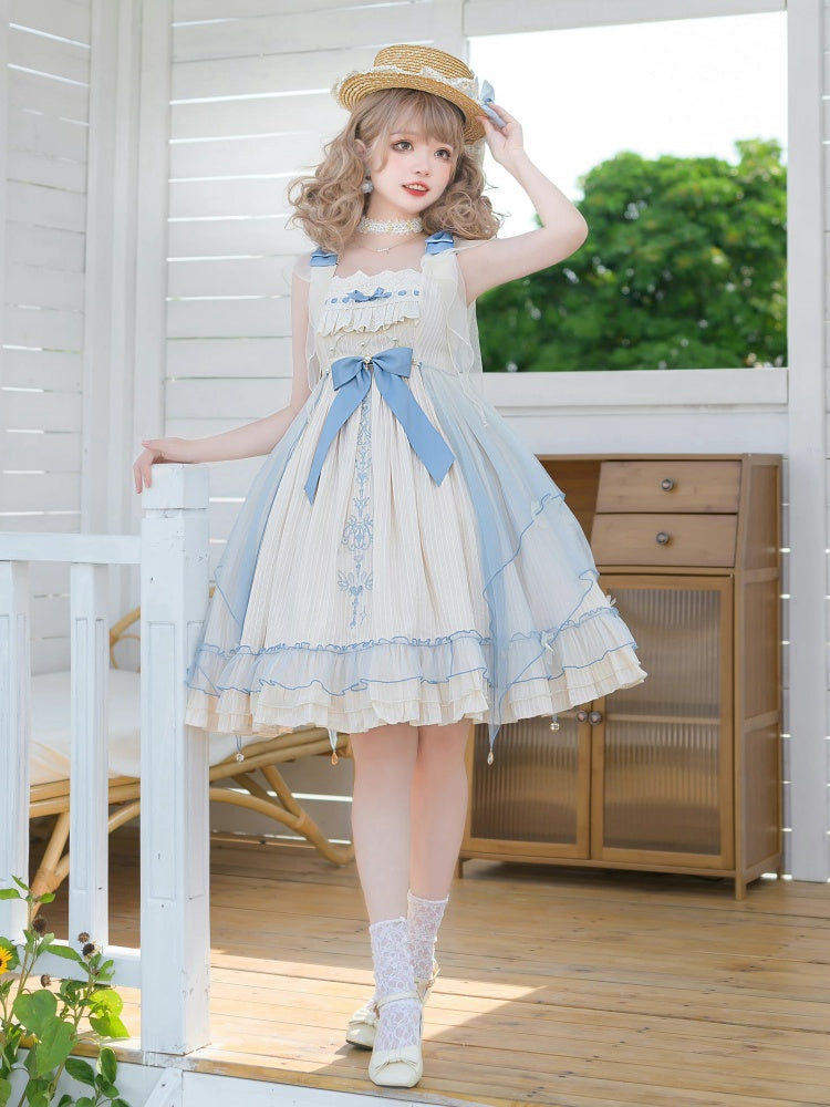 Hebe's Tears Beige and Blue Short/Long Version Square Neckline Jumper Skirt Set