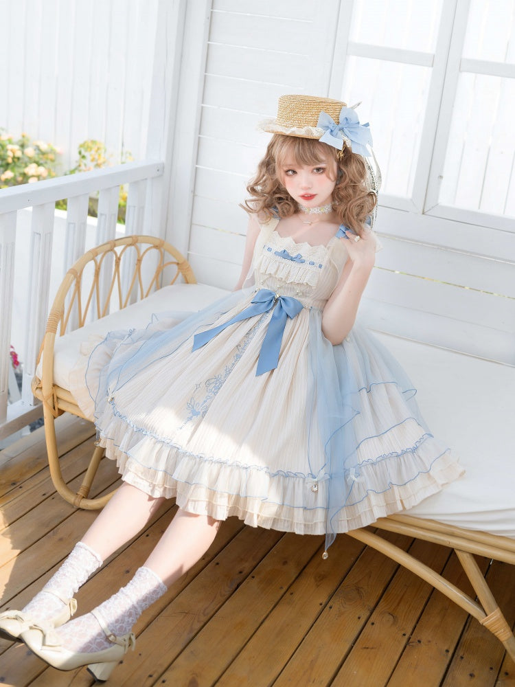 Hebe's Tears Beige and Blue Short/Long Version Square Neckline Jumper Skirt Set