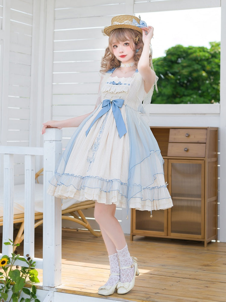 Hebe's Tears Beige and Blue Short/Long Version Square Neckline Jumper Skirt Set