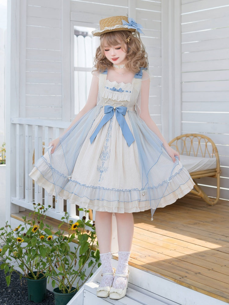 Hebe's Tears Beige and Blue Short/Long Version Square Neckline Jumper Skirt Set