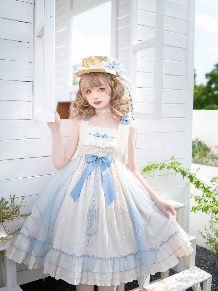 Hebe's Tears Beige and Blue Short/Long Version Square Neckline Jumper Skirt Set