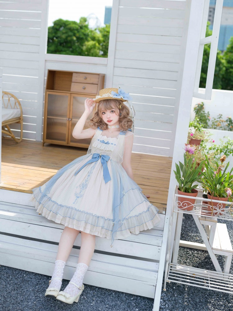 Hebe's Tears Beige and Blue Short/Long Version Square Neckline Jumper Skirt Set