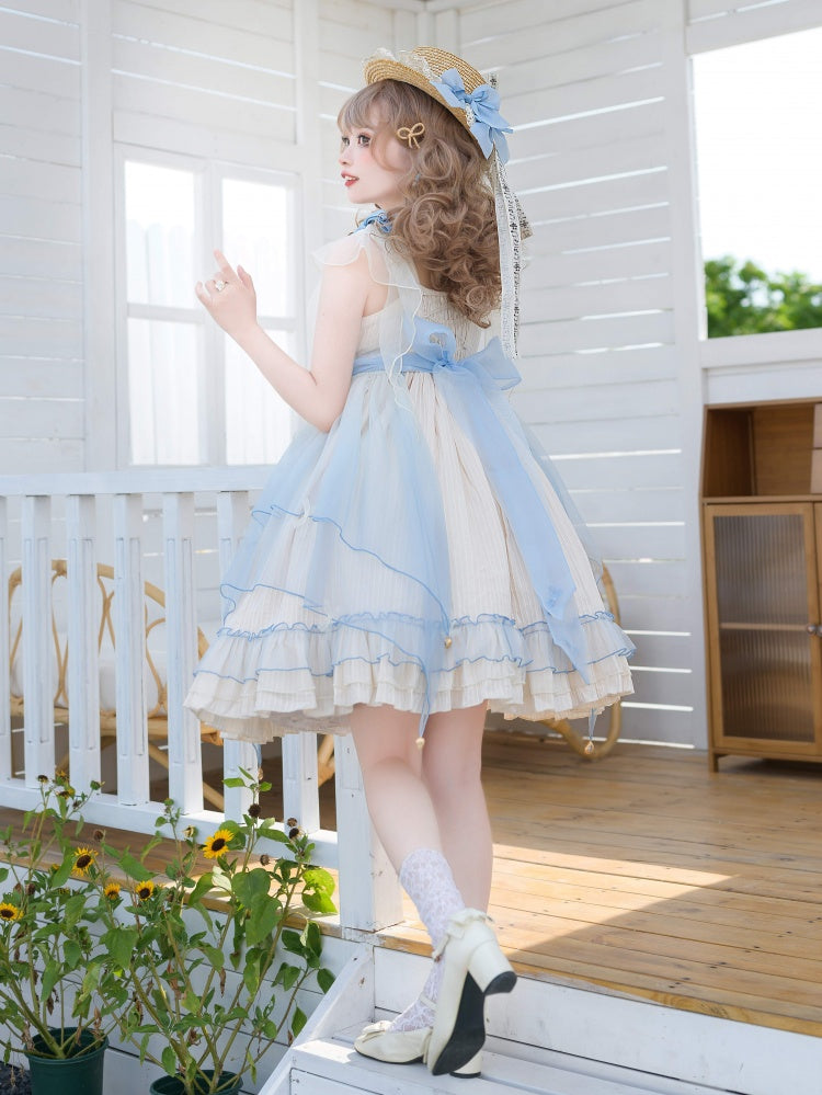 Hebe's Tears Beige and Blue Short/Long Version Square Neckline Jumper Skirt Set