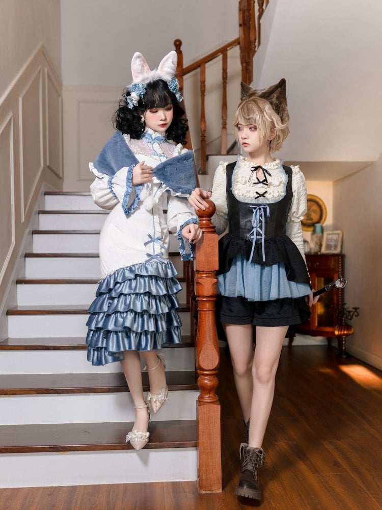 White and Blue Mermaid Dress Cheongsam Collar Long Sleeves Elegant Qipao Dress