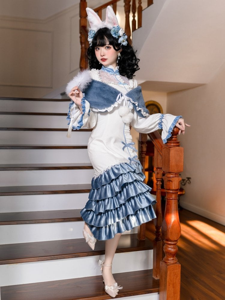 White and Blue Mermaid Dress Cheongsam Collar Long Sleeves Elegant Qipao Dress