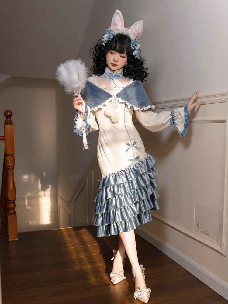 White and Blue Mermaid Dress Cheongsam Collar Long Sleeves Elegant Qipao Dress