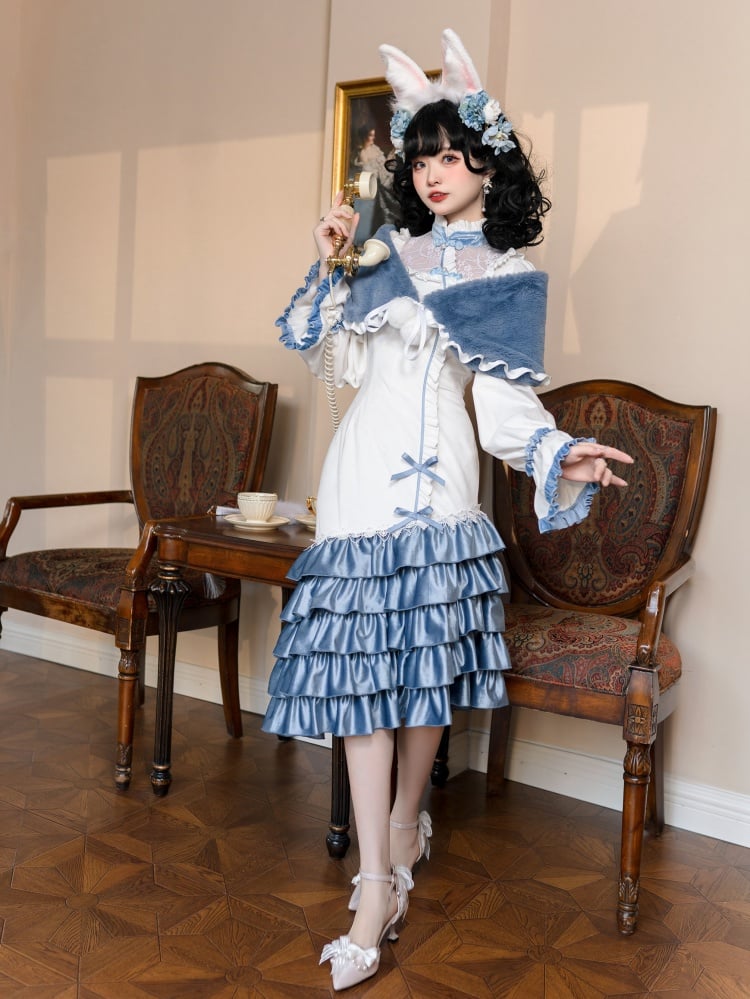 White and Blue Mermaid Dress Cheongsam Collar Long Sleeves Elegant Qipao Dress