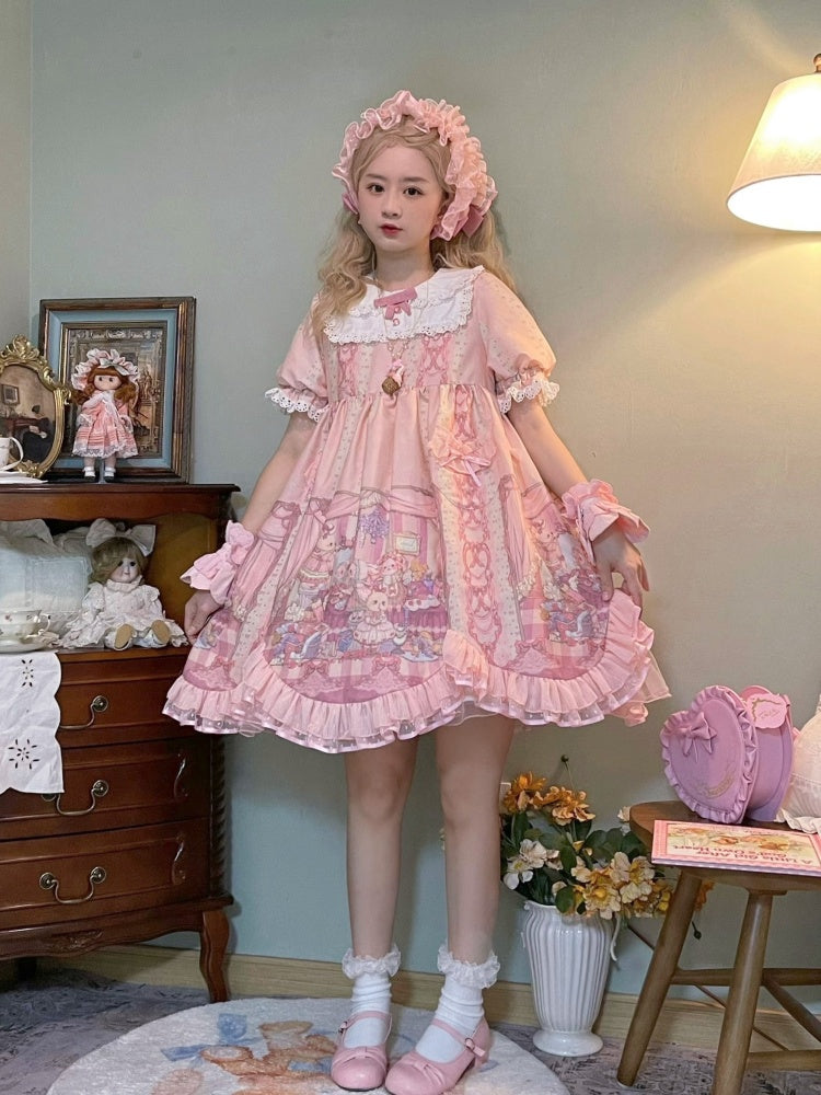 Sweet Rococo Bear, Cat and Rabbit Print Short Sleeves One Piece