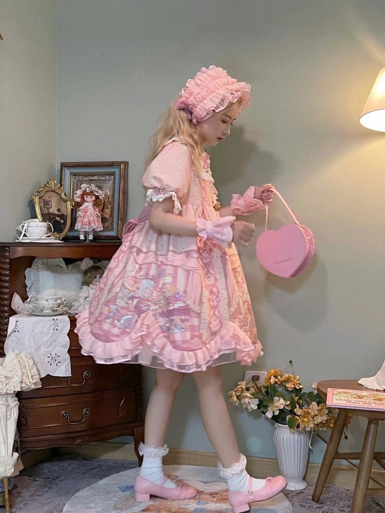 Sweet Rococo Bear, Cat and Rabbit Print Short Sleeves One Piece