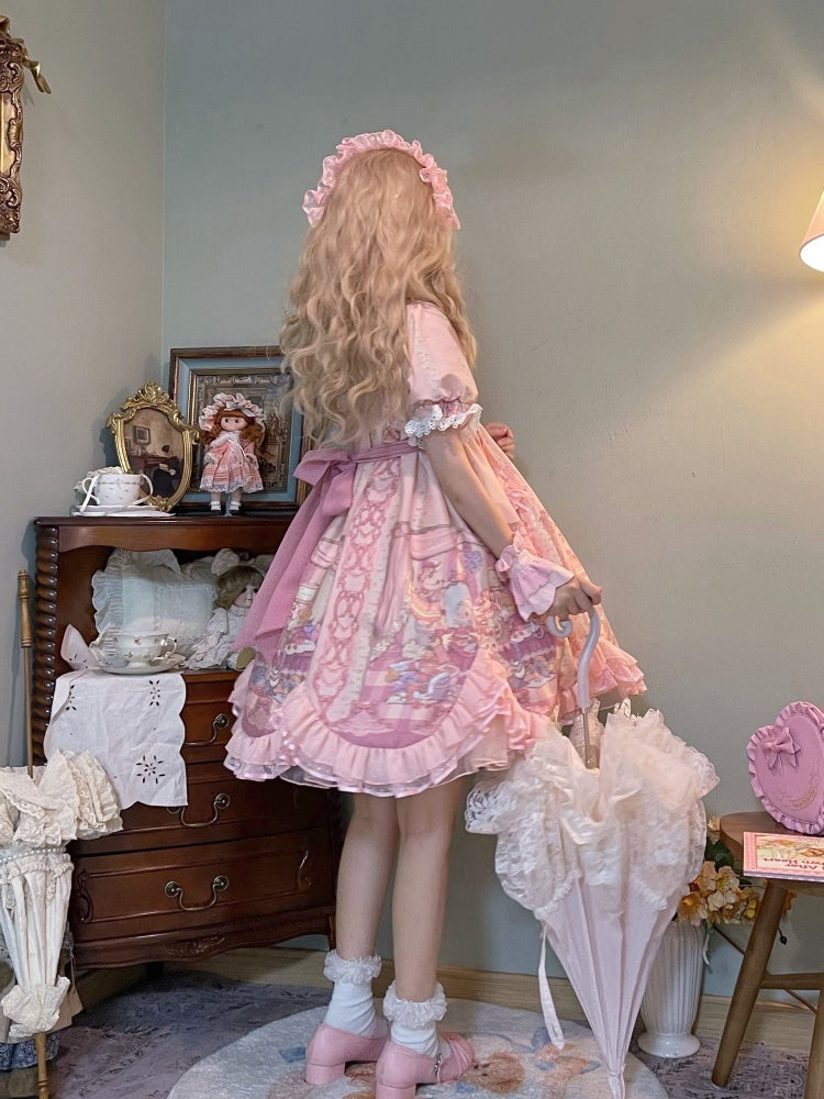 Sweet Rococo Bear, Cat and Rabbit Print Short Sleeves One Piece