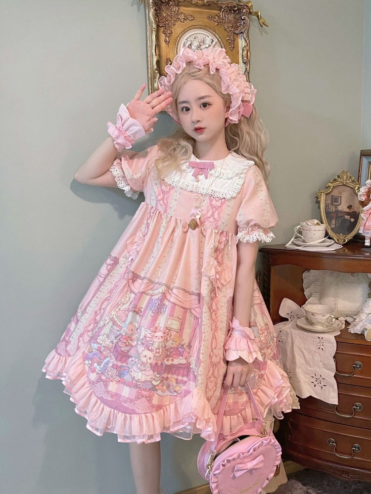 Sweet Rococo Bear, Cat and Rabbit Print Short Sleeves One Piece