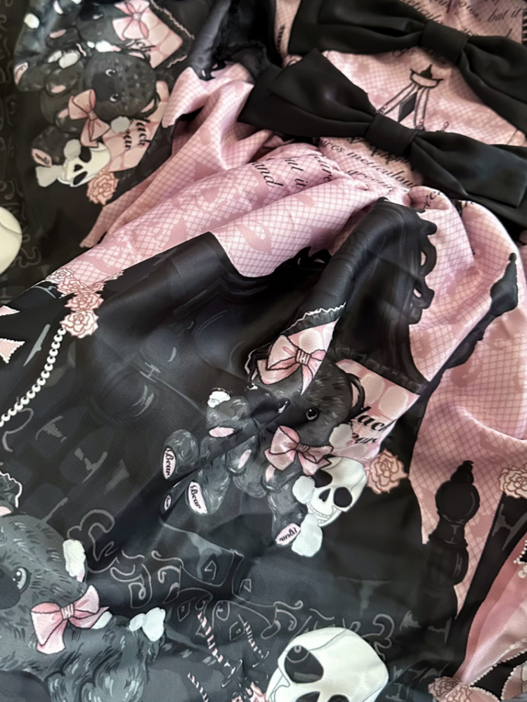 Skull and Coffin Print Boned Basque Waist Jumper Skirt Pink and Black