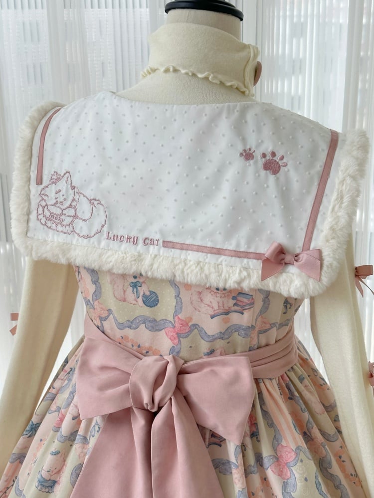 Kitty Print Sweet Pink and Green Winter Jumper Skirt - Sukuroi