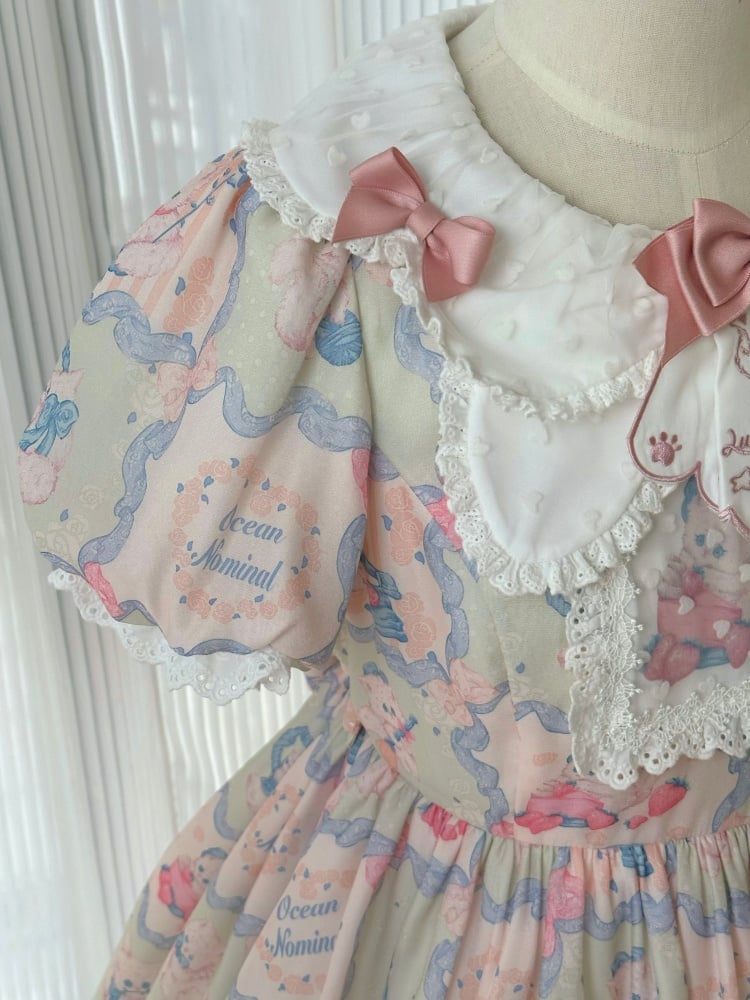 Pink and Green Sweet Kitty Print High Waist One Piece - Sukuroi