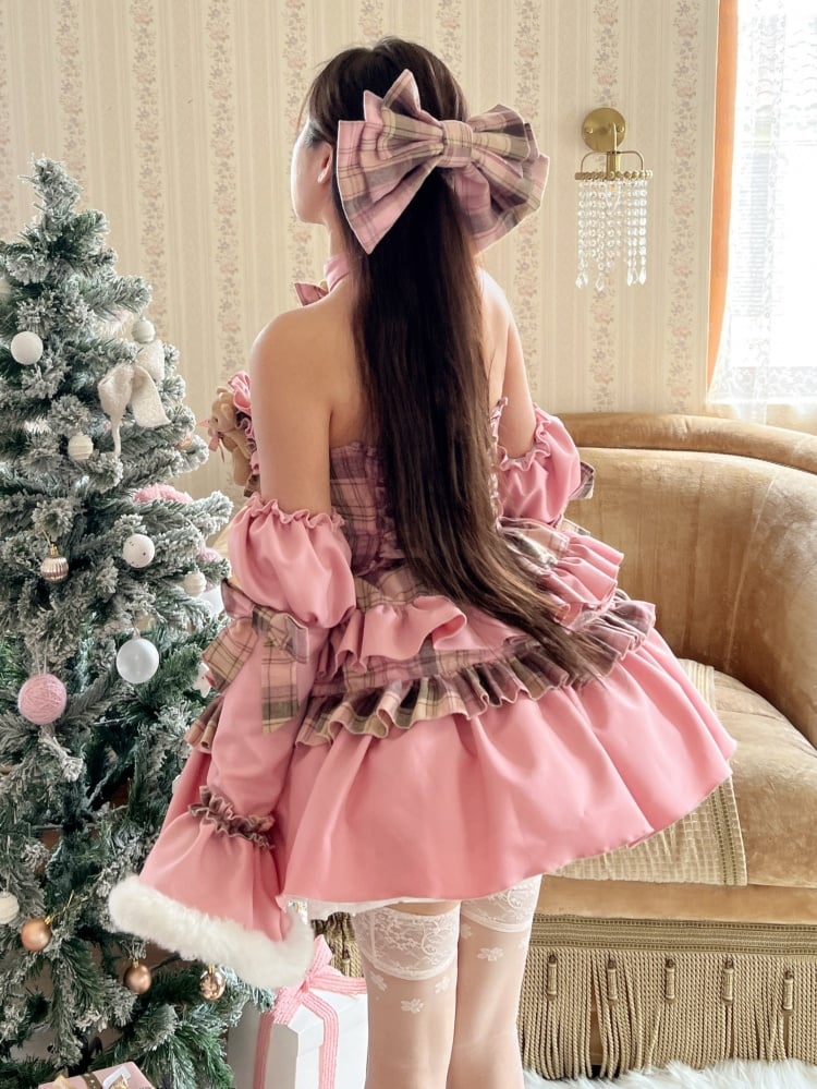Sweet Bear Theme Pink and Brown Plaid Strapless Dress + Sleeves