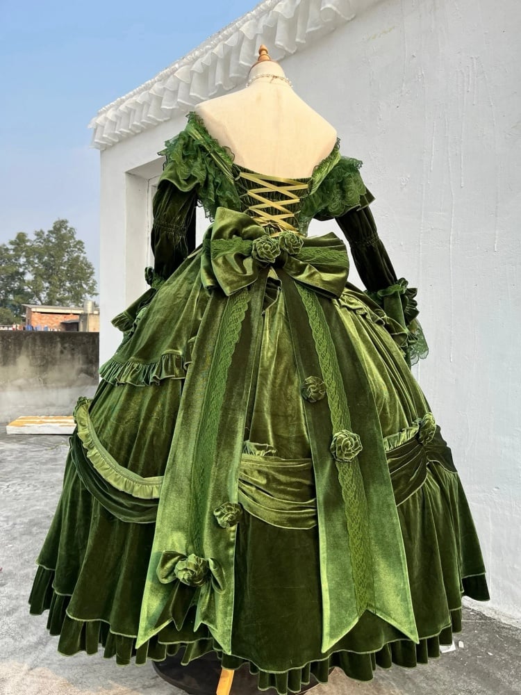 Vintage Green Classic Velvet Dress Roses and Bead Chain Princess One Piece - Sukuroi