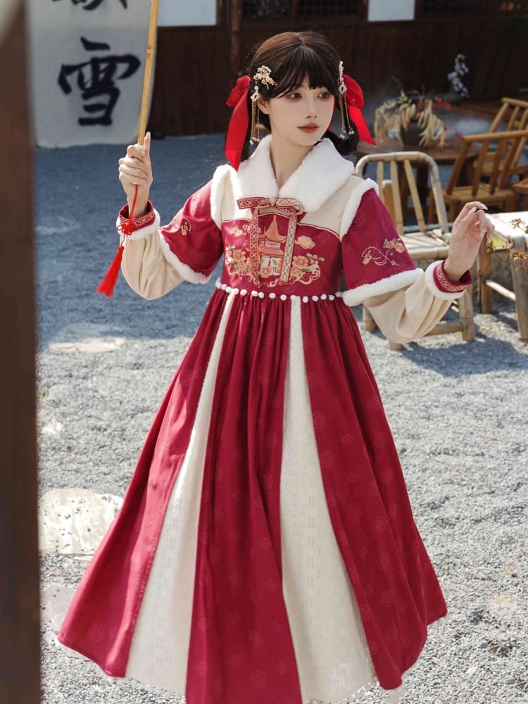 Red Embroidery Details Bodice Served Ru Long Sleeves Han Dress - Sukuroi