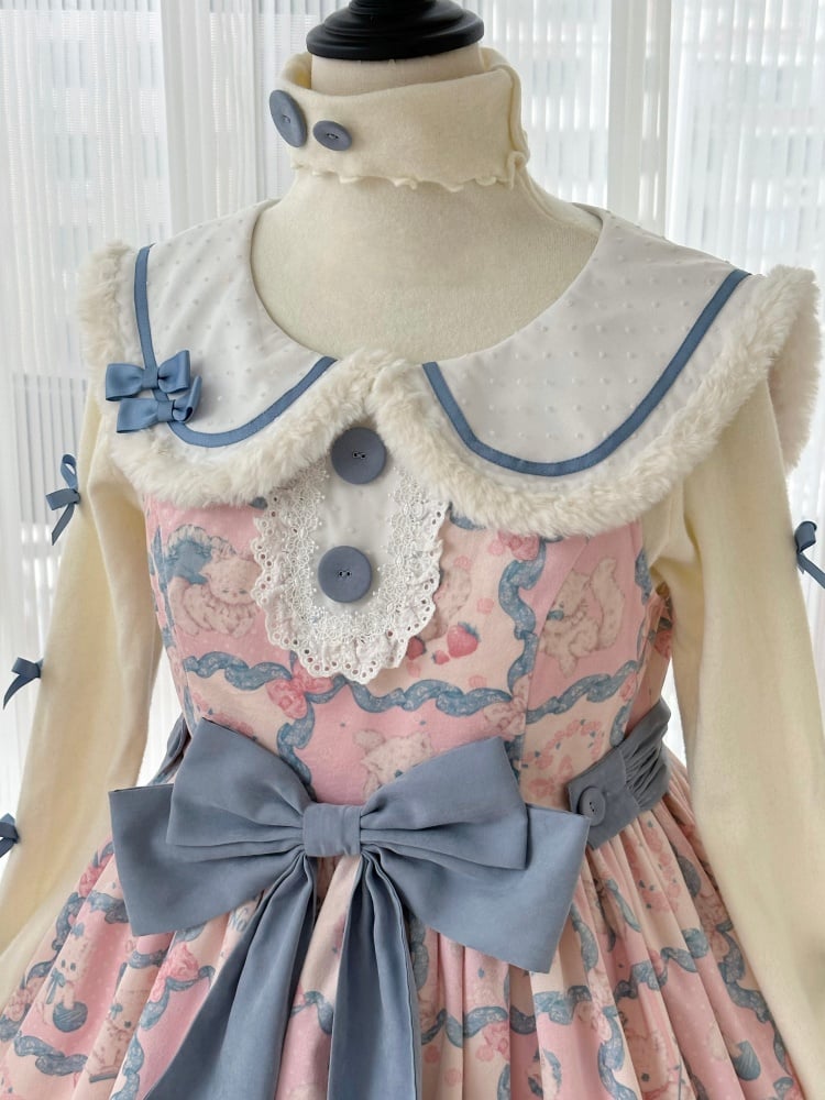 Kitty Embroidery Collar Sweet Pink and Blue Winter Jumper Skirt - Sukuroi