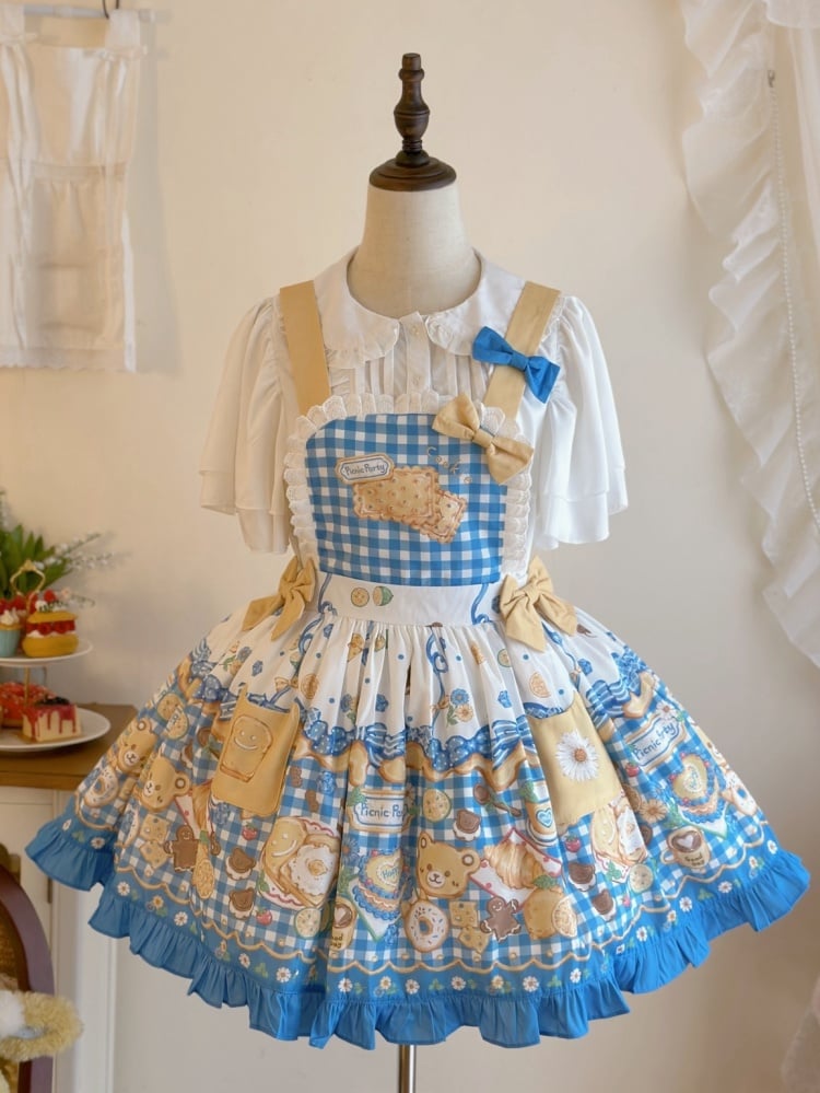 Yellow and Blue Gingham Pattern Sweet Dessert Print Overalls