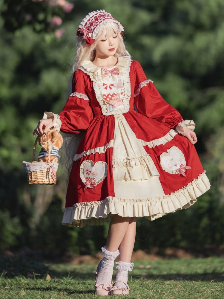 Red Picnic Basket Print Cottagecore Country One Piece - Sukuroi