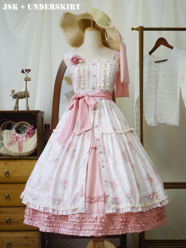 Pink Floral Print Front Button Placket Hem Jumper Skirt - Sukuroi